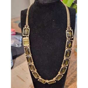 Lia Sophia Olive Green Faceted Glass Statement Necklace Gold Tone Adjustable